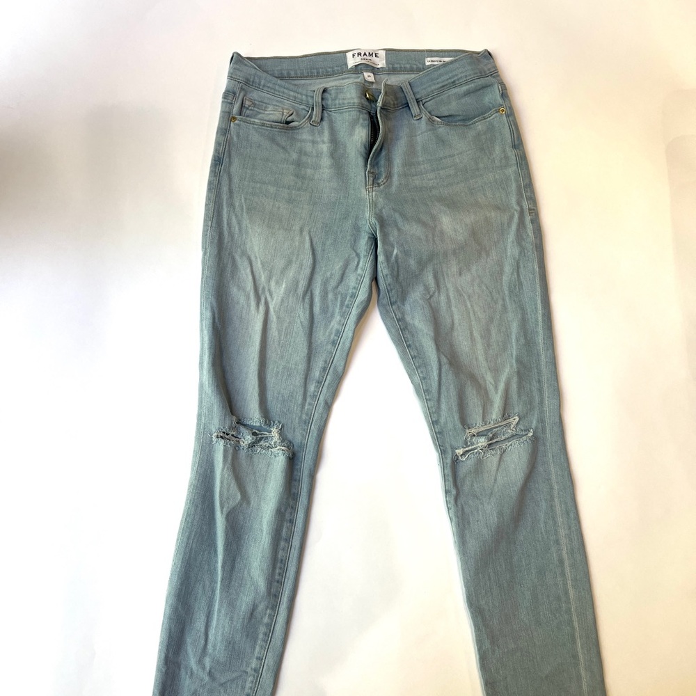 Frame Denim Sky Blue Ripped Skinny Jeans